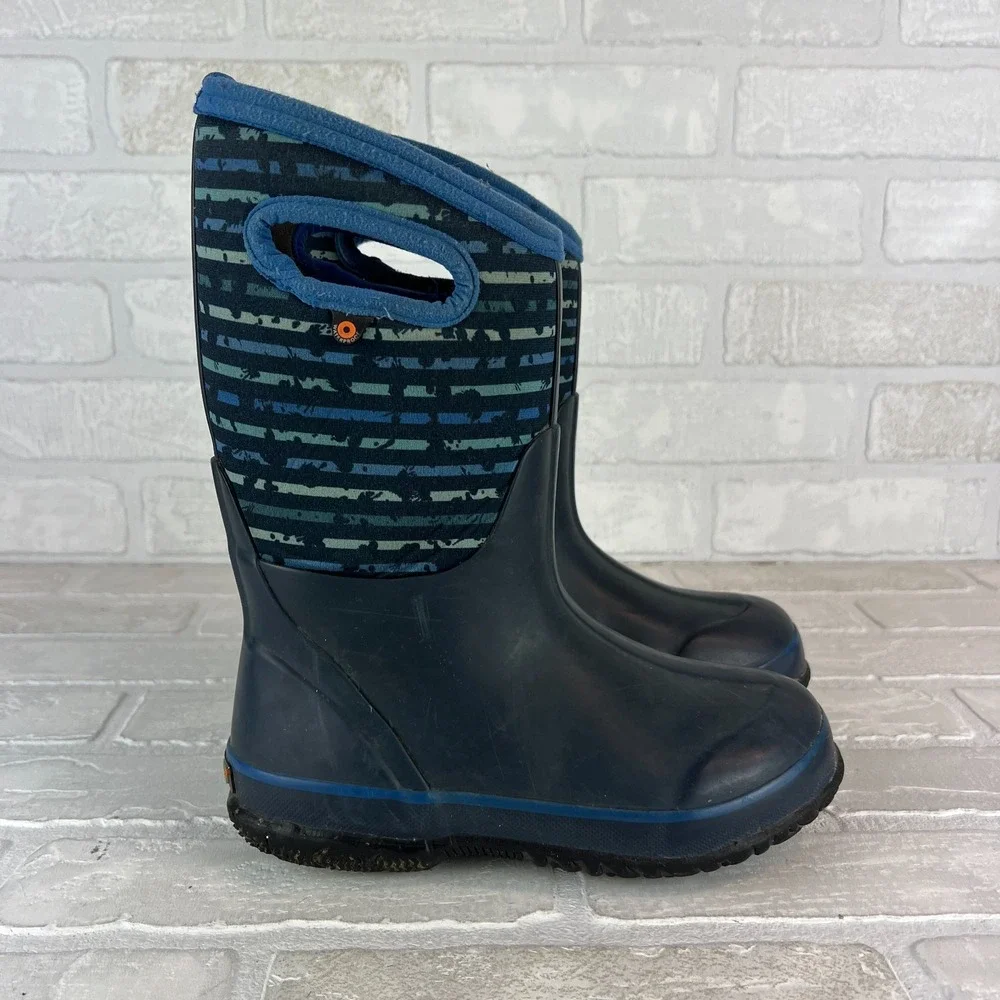 Bogs Rain Boots Youth 2 Blue Classic Stripe Waterproof Insulated Mid Calf Winter